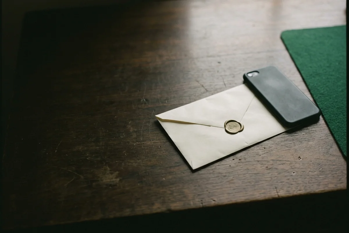 Open black envelope with a gold wax seal and warm light inside